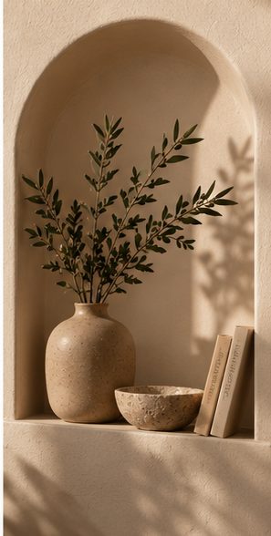 Olive branches in an arched alcove, soft afternoon light