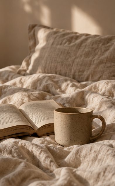 An open book and a cup of tea on soft linen, morning light