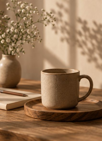A notebook and a cup of tea